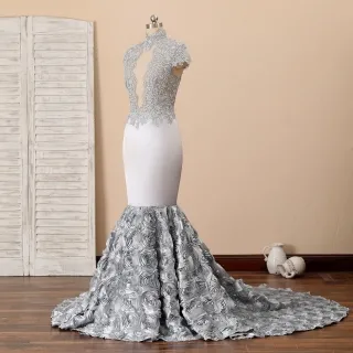 cut out silver lace 3d rosette prom gown