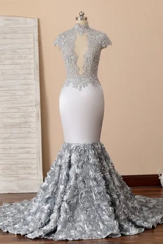 scalloped cut out silver beaded lace 3d rosette prom gown