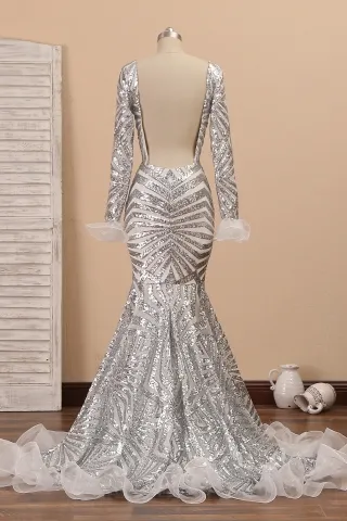 backless silver sequin ruffled details mermaid prom dress