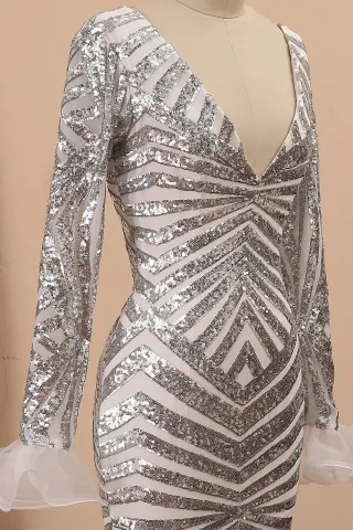 deep V neck long sleeve silver sequin prom dress