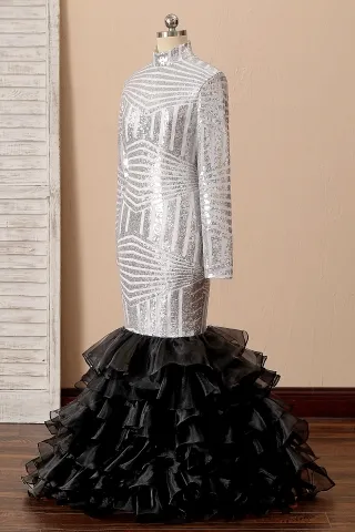 silver sequin black organza prom dress