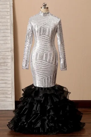 silver sequin black ruffled organza two tone prom dress