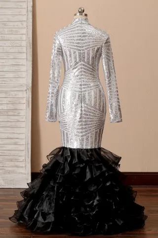 silver sequin long sleeve ruffled black organza trumpet prom dress