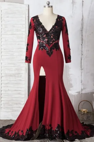 burgundy jersey with black sequin slit mermaid prom dress