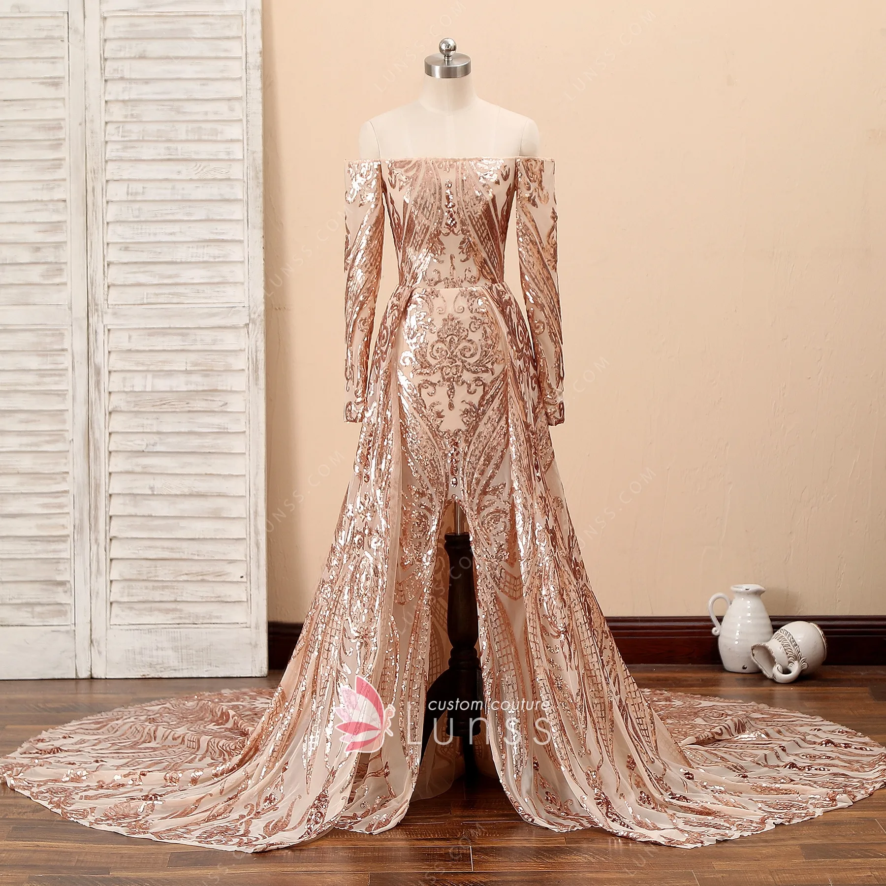 off the shoulder gold sequin dress