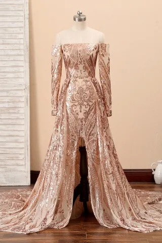 gold sequin off the shoulder overskirt dress