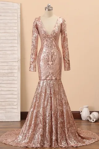 unique gold sequin deep v neck long sleeve prom dress