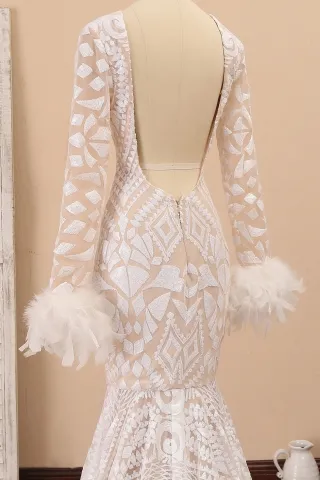low back white feather long sleeve sequin dress
