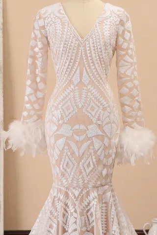 white feather long sleeve v neck sequin prom dress
