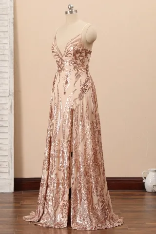 champagne gold sequin double slit gown