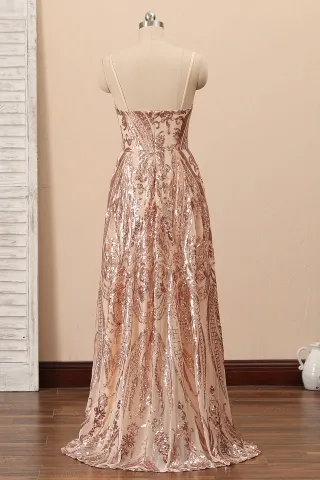 champagne gold sequin spaghetti strap zip back prom dress