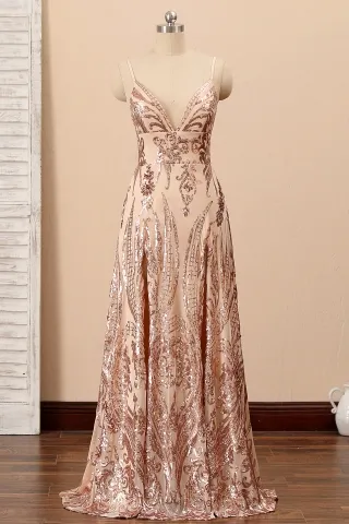 champagne gold sequin v neck a line double slit prom gown