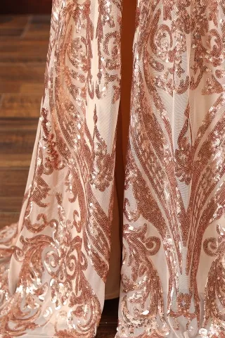 champagne sequin prom dress with double slits