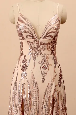 spaghetti strap v neck empire waist sequin prom dress