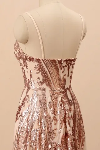 spaghetti strap zip back sequin prom dress