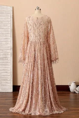 champagne sequin tassel long sleeve plus size prom dress