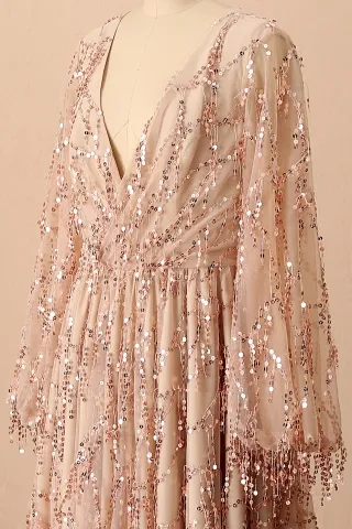 champagne v neck sequin tassel long sleeve prom dress