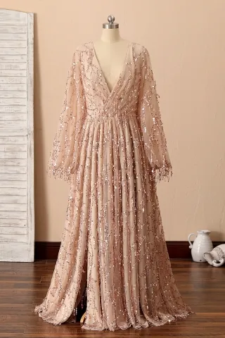 sparkly champagne sequin tassel plus size prom dress