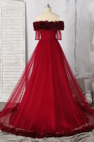 burgundy 3d floral off the shoulder tulle prom dress
