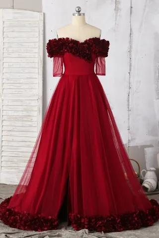 fairy floral off the shoulder burgundy slit prom dress