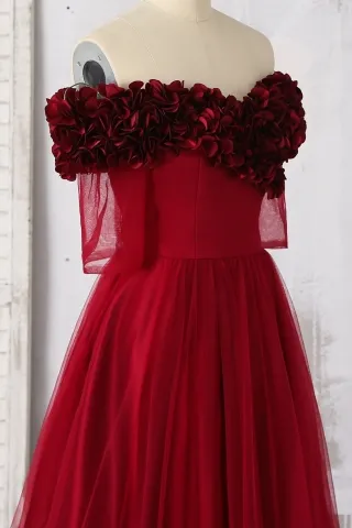 sheer sleeved burgundy 3d flower off the shoulder dress