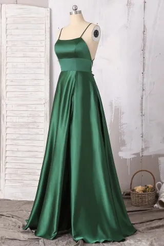 emerald green simple satin prom dress
