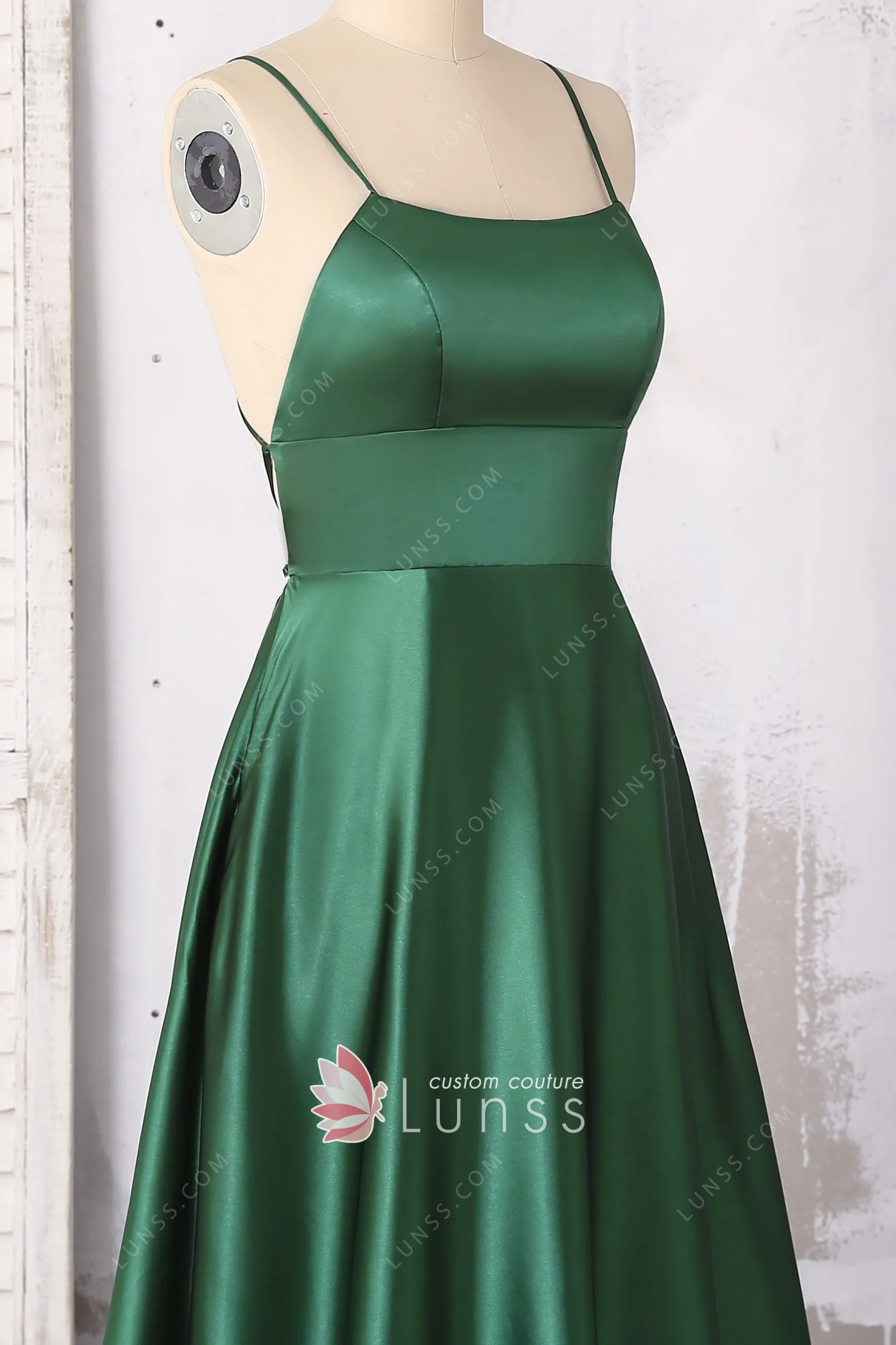 Emerald Green Strappy Back Slit Simple Satin Prom Dress Lunss