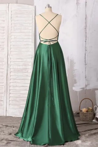 emerald green strappy back floor length prom dress