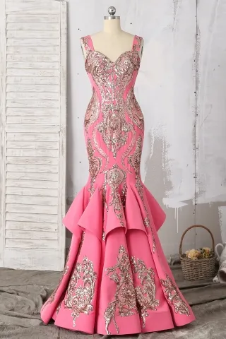 gold sequin lace appliqued pink spandex godet prom dress