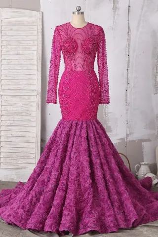 luxury handmade beaded magenta 3d rose long prom dress