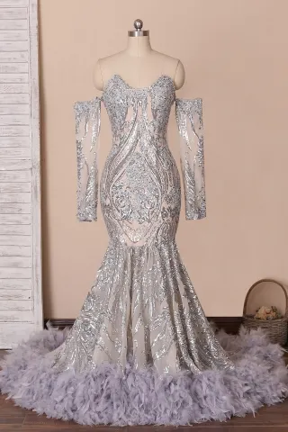 off shoulder sleeve unique sequin and feather prom dress