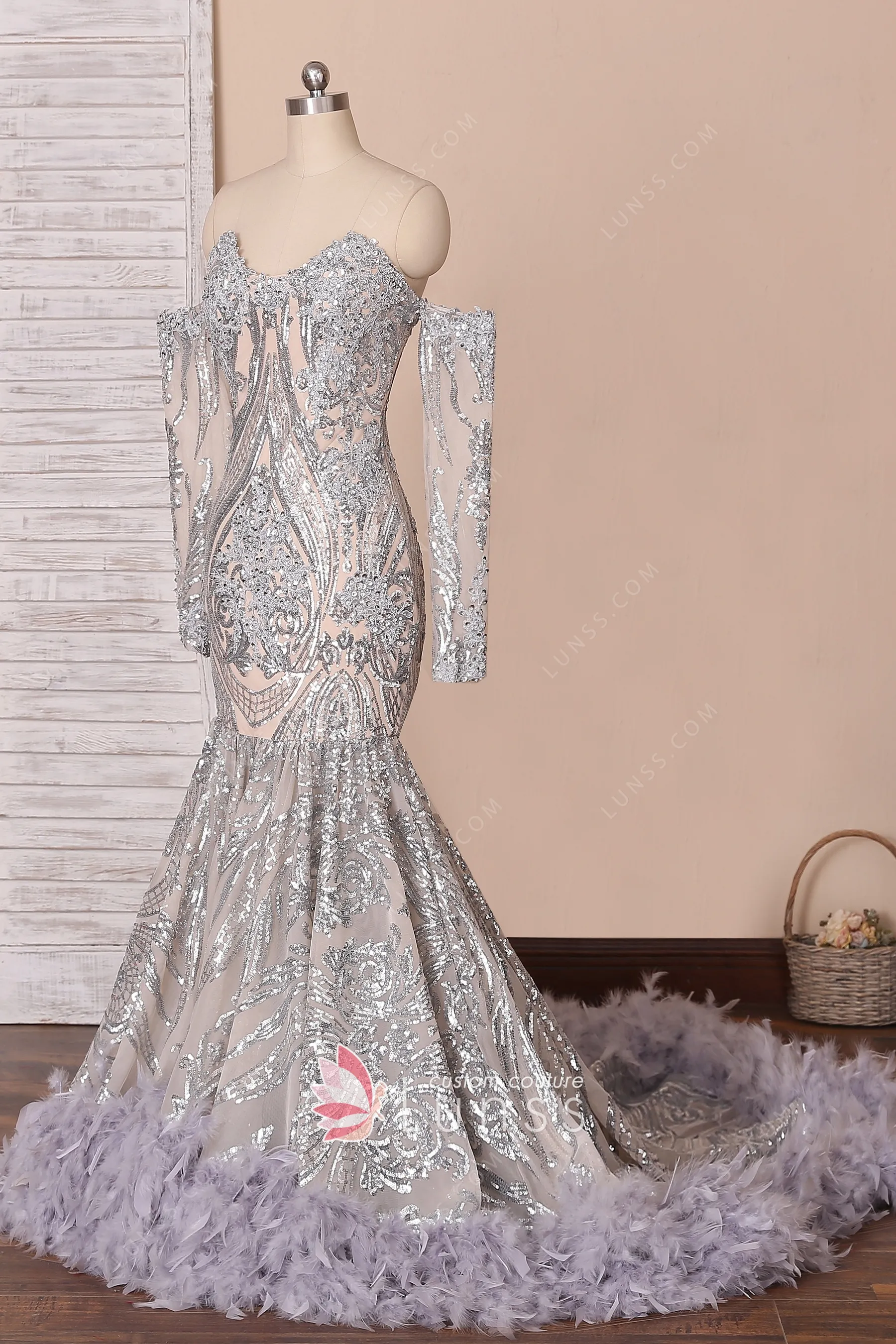 Gray Lace Sheer Glitter White Feather Train Prom Dress - Lunss