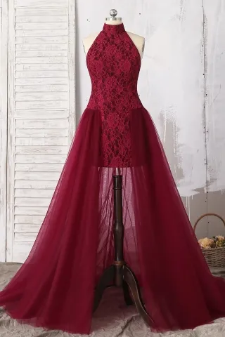 burgundy lace halter bodycon sexy tulle overskirt dress