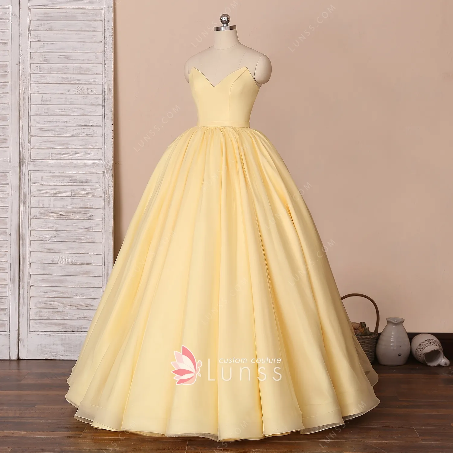 Yellow Strapless V-neck Satin and Tulle Simple Ball Gown - Lunss