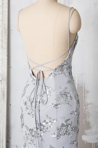 low back silver sequin appliqued dress