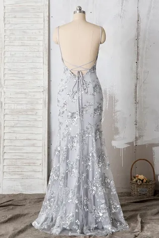 silver sequin appliqued low back prom dress