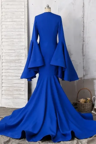 royal blue bell sleeve trumpet long prom dress