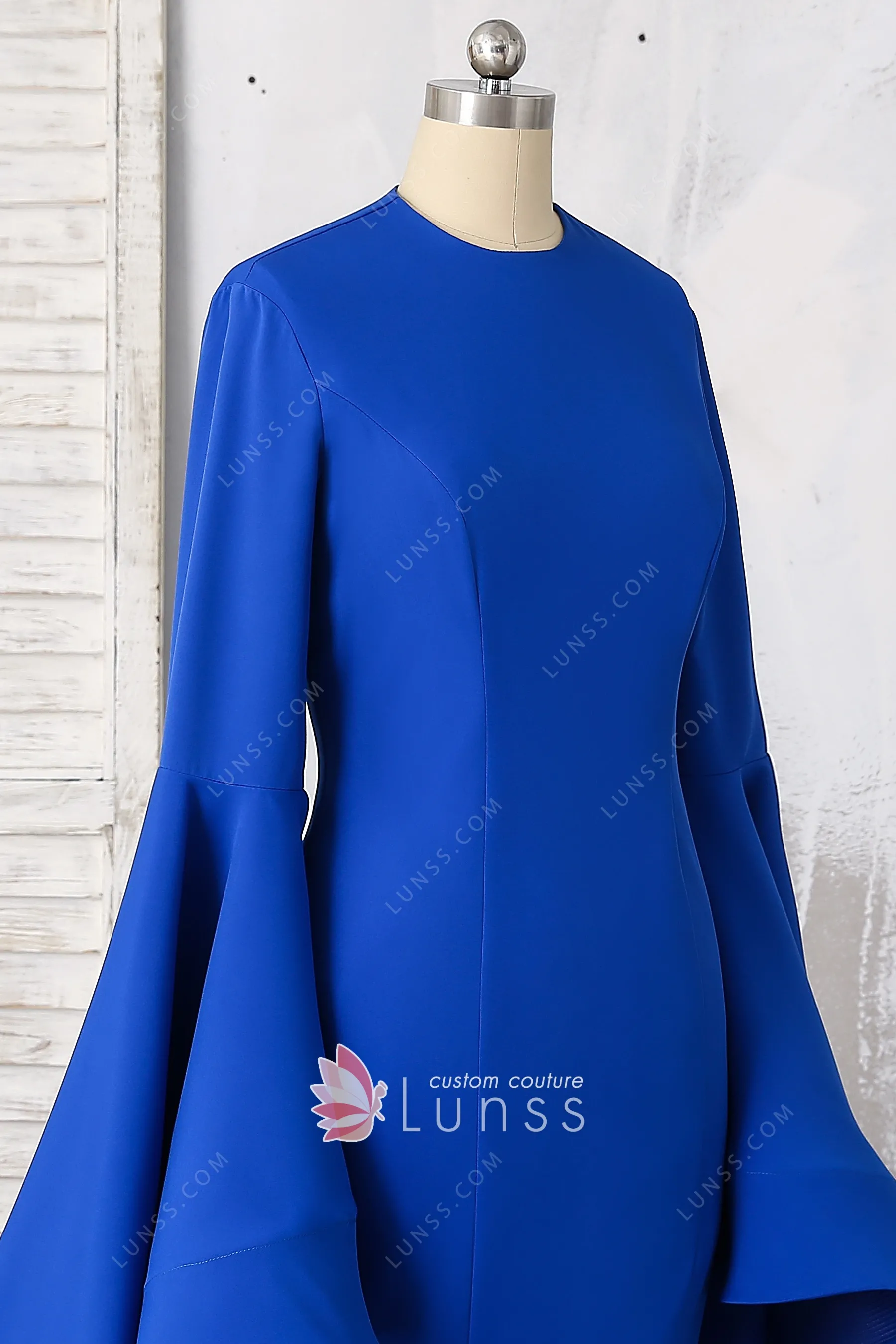 Unique Inspired Bell Sleeve Royal Blue Trumpet Dress