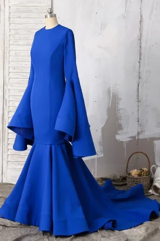 vintage bell sleeve royal blue prom gown