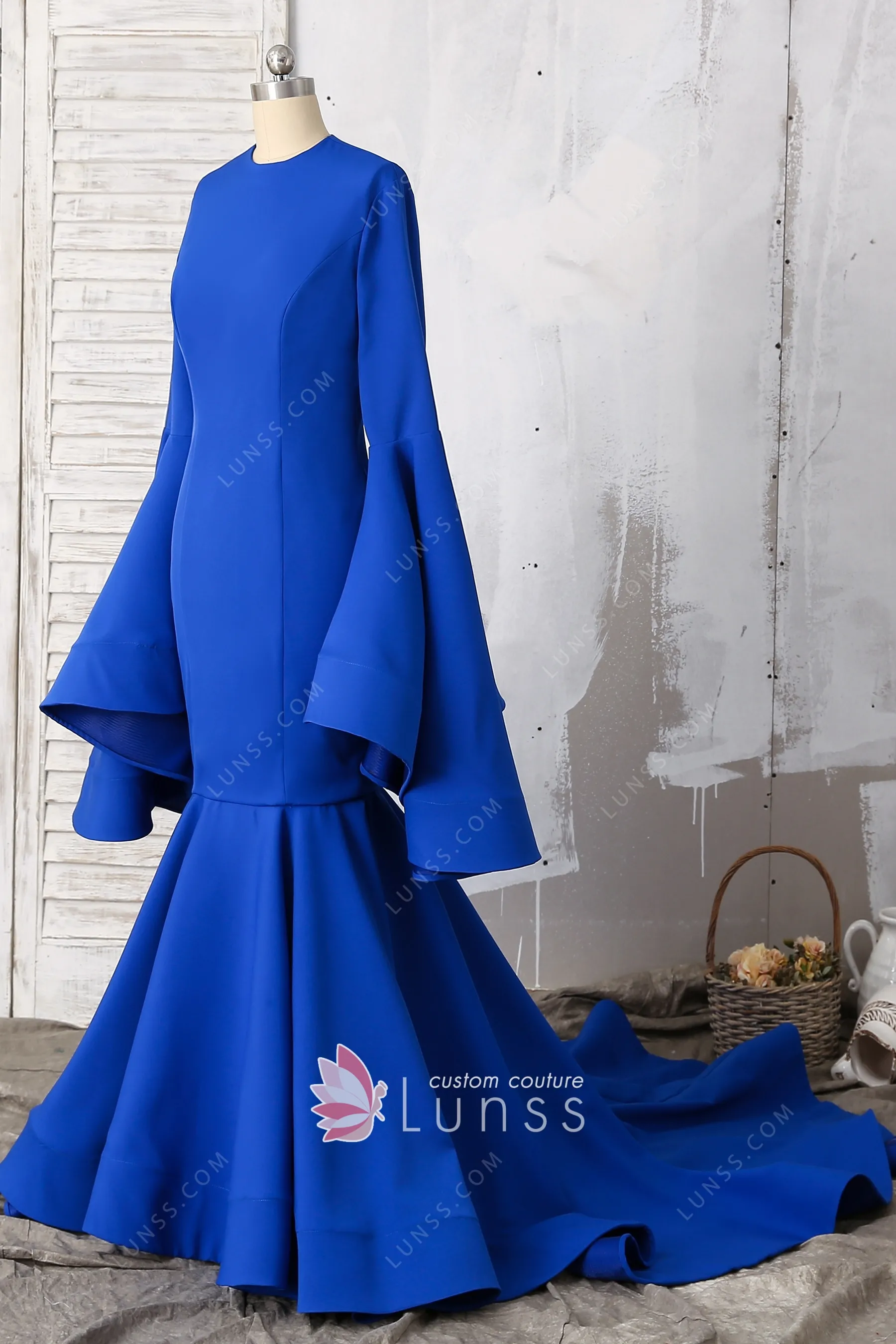 royal blue dress with bell sleeves