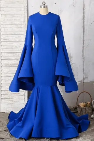 vintage inspired bell sleeve royal blue trumpet prom gown