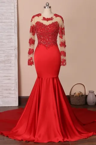 beaded red lace illusion sleeve trumpet satin prom dress