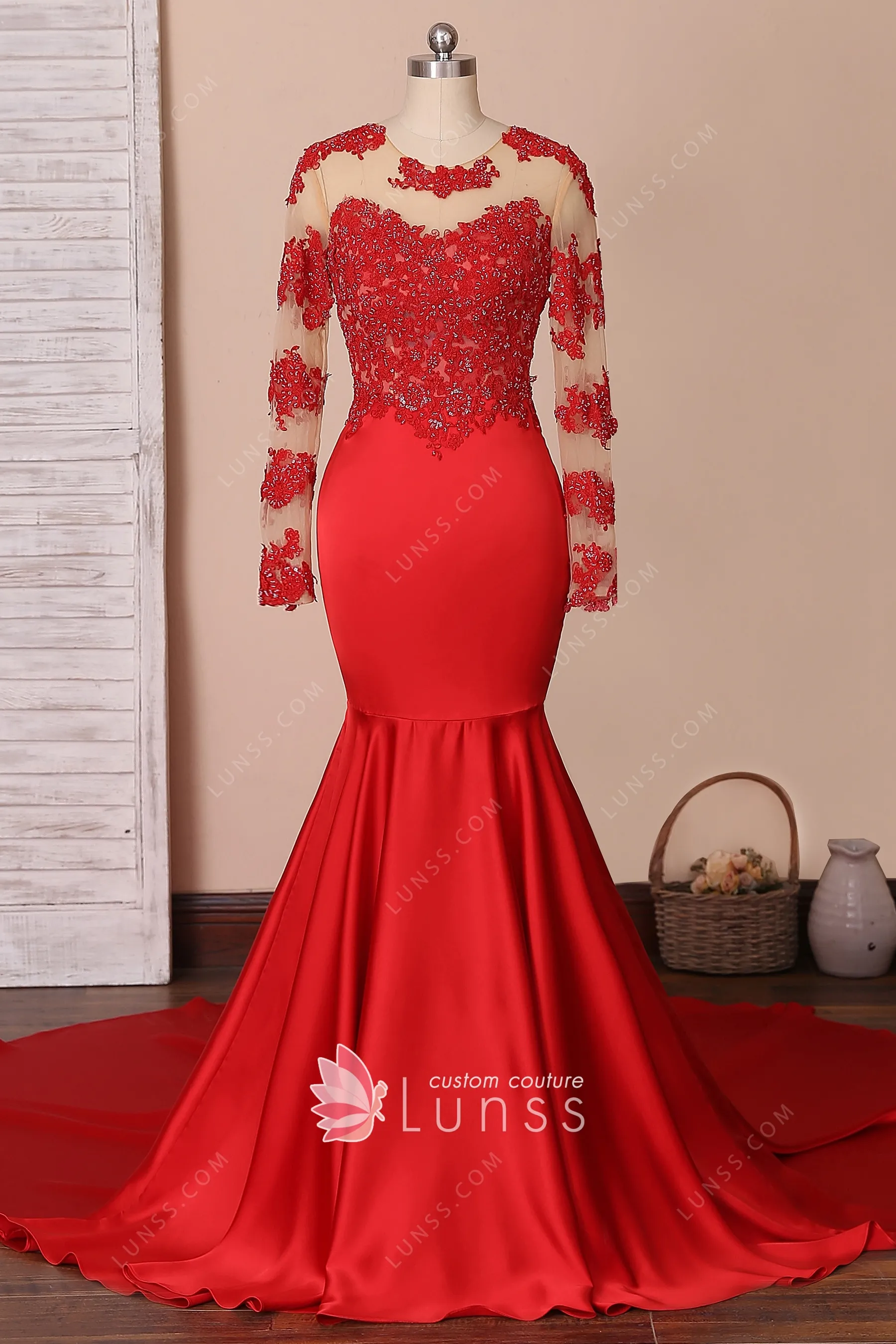 red lace mermaid prom dress