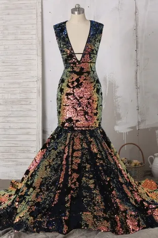 unique iridescent map sequin v neck trumpet prom dress