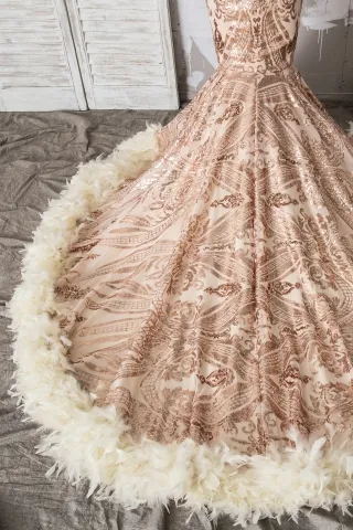 champagne feather embroidered sequin trumpet prom dress