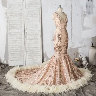 champagne sequin and feather prom dress