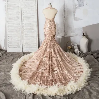 champagne sequin open back prom dress with feather train