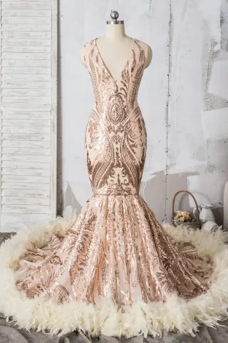 champagne unique sequin and feather trumpet prom dress