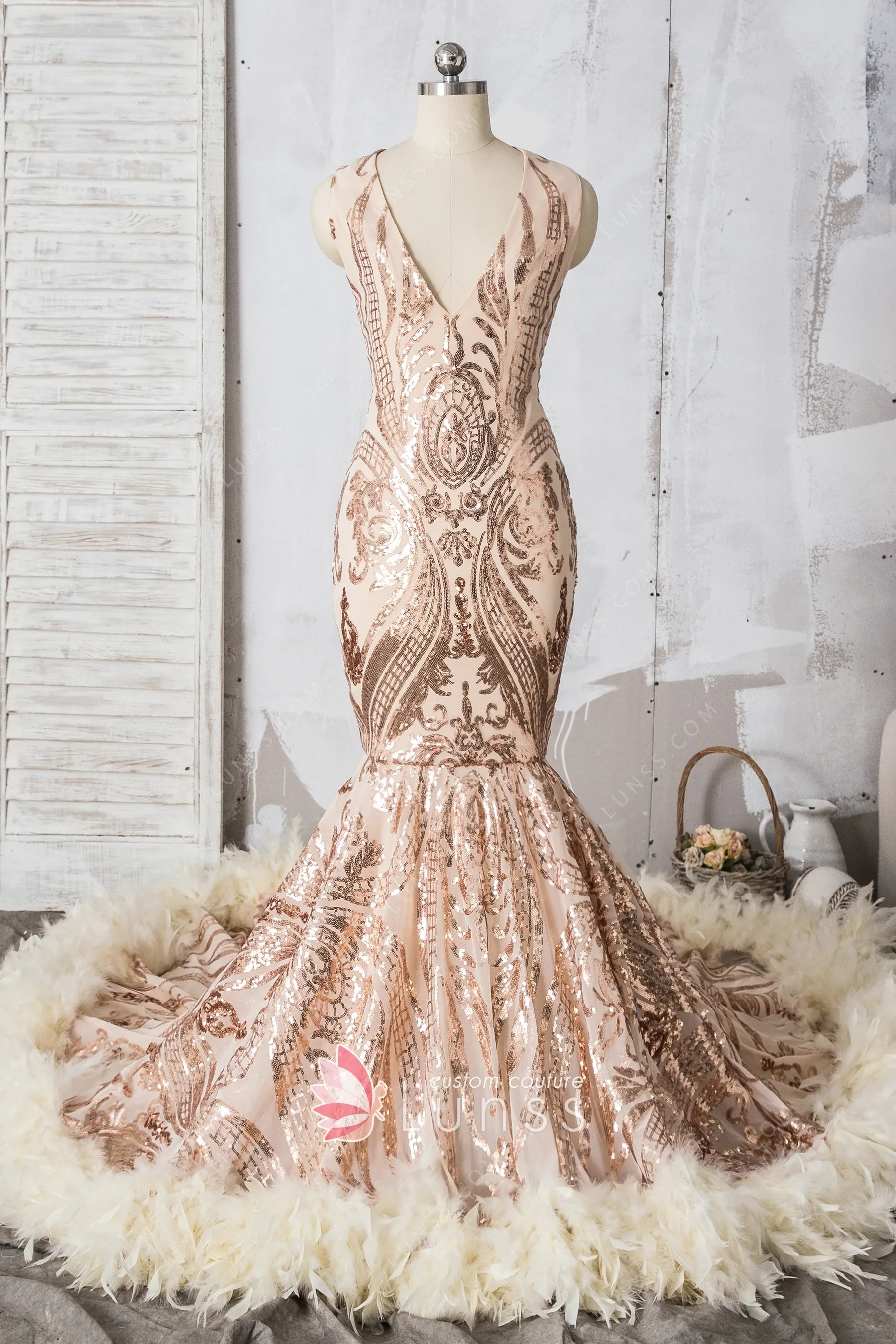 Champagne Unique Sequin and Feather Trumpet Prom Dress - Lunss