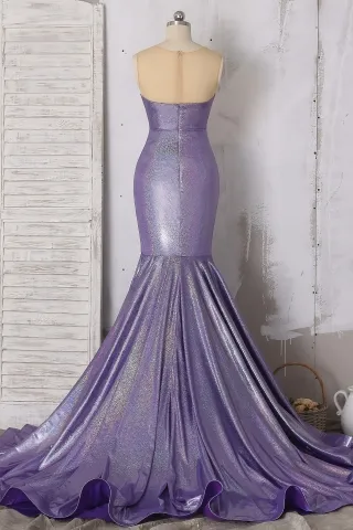 purple spandex glitter illusion sleeveless horsehair prom dress